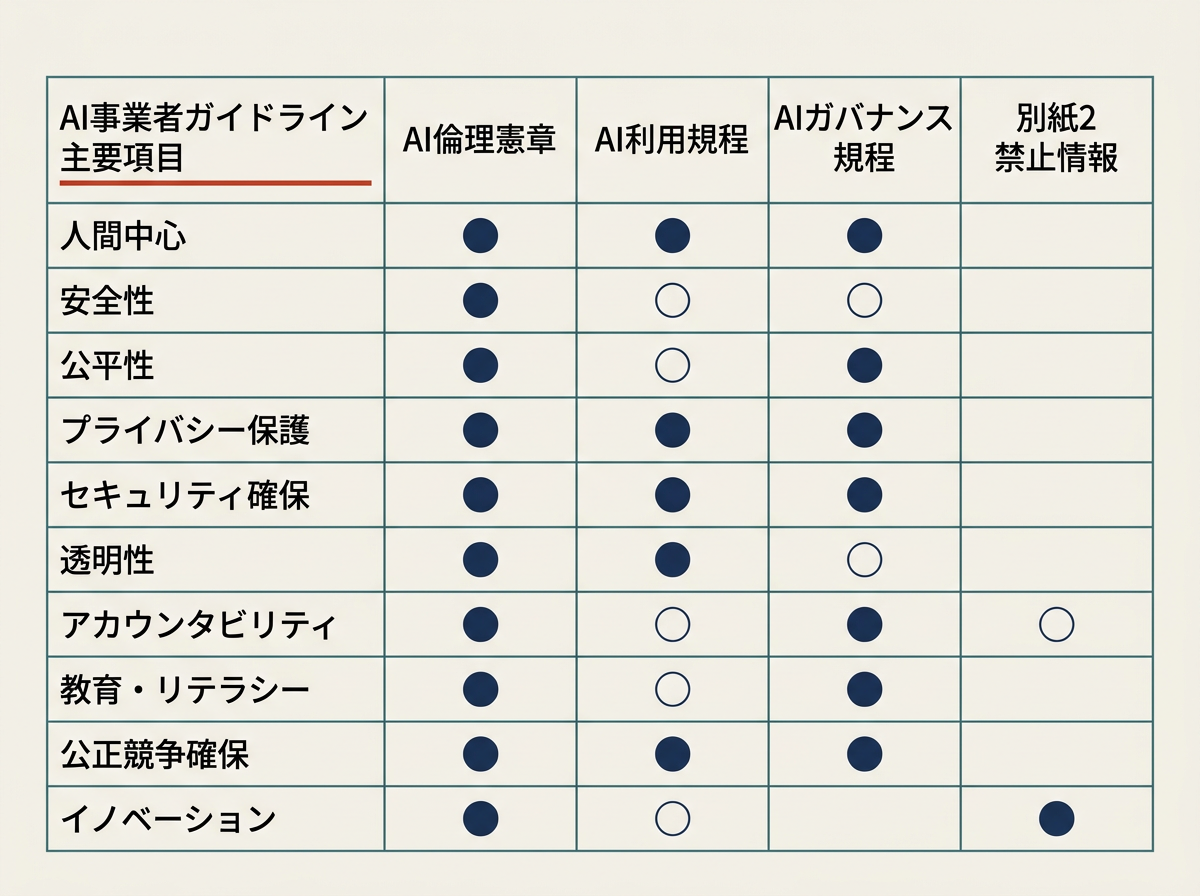 AI事業者ガイドライン主要10項目 × 生成物4種の対応マトリクス