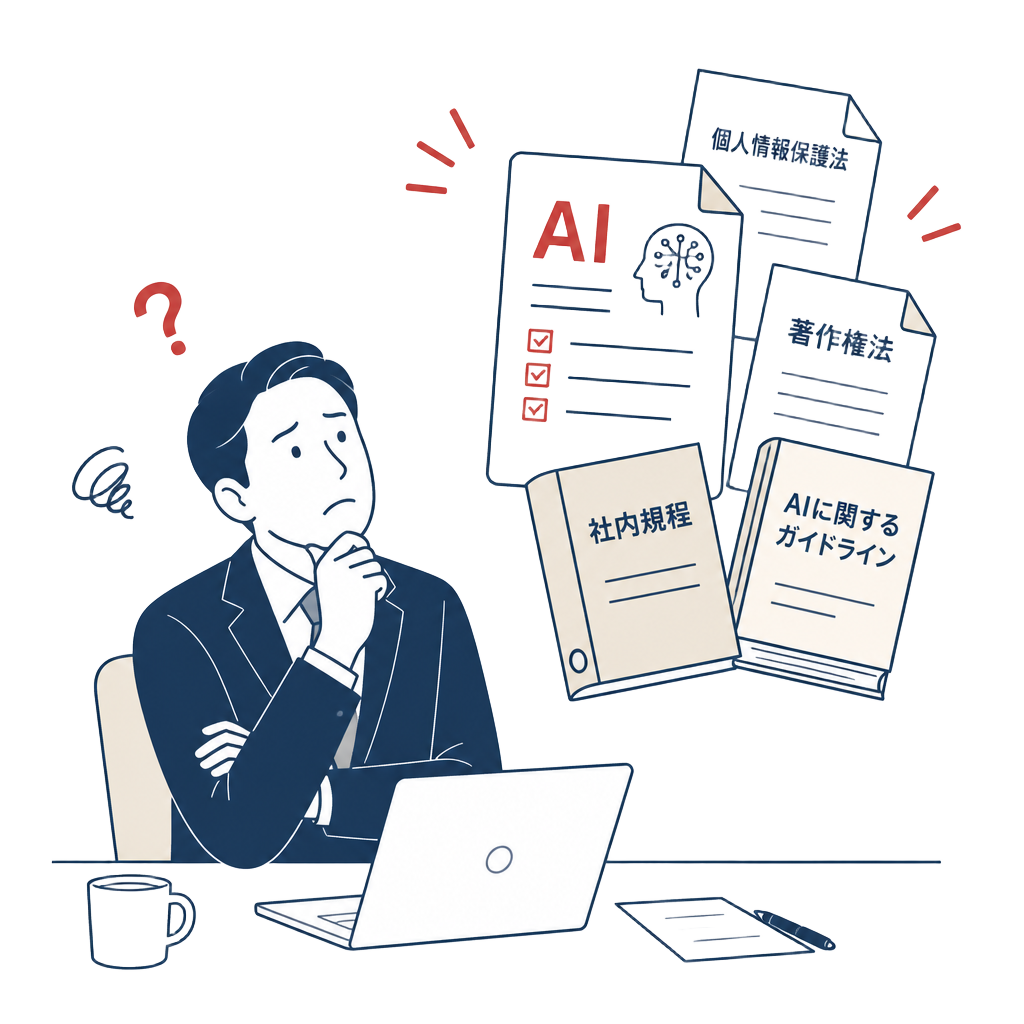 AI規程・ガイドラインの作成に悩む経営者のイラスト